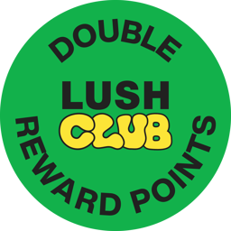 A green and yellow 'Lush Club' branded sticker, detailing that this product is eligible for double Lush Club rewards points.