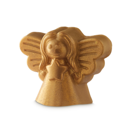 Golden Angel Delight.  The angel-shaped soap is a solid golden colour and has a smiling face, wings, and is holding a star.