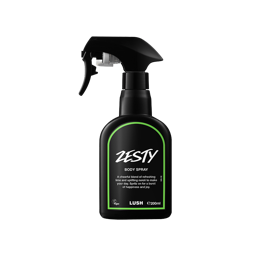 Zesty body spray. A black spray bottle of Lush "Zesty" Body Spray. The product label is black with a bright green banded border. White text states the product name and the scent description.