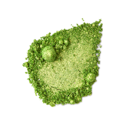 Aurora Glitter Crumble. A neatly smudged swatch of crumbly, shimmering, jade-green metallic eyeshadow. 