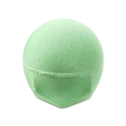 A bright green, spherical bath bomb called Avobath Bath bomb with a speckled texture. The round top tapers into a faceted base, all set against a solid black background.