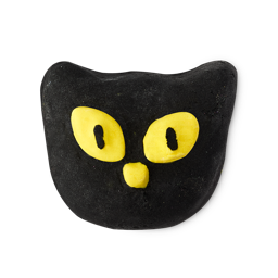Bewitched. A black bubble bar shaped like a cat's head with prominent ears. It features large, oval yellow eyes with black pupils, and a small yellow nose.