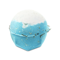 A spherical Big Blue bath bomb with a crisp white top and a vibrant light blue body. The textured surface is flecked with small bits of seaweed.