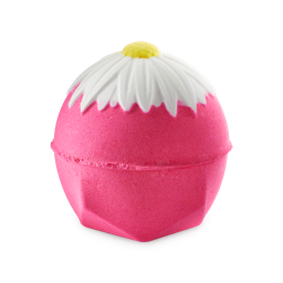 Blooming Beautiful Orange Blossom. A vibrant, pink bath bomb with a single, large, embossed white flower with a yellow centre on top. 