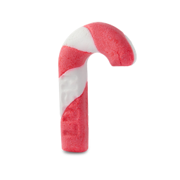 Candy Cane. This red and white striped bubble bar takes the shape of a classic, hooked, Christmas candy cane. The word "Lush' Is embossed up the side of the product. 