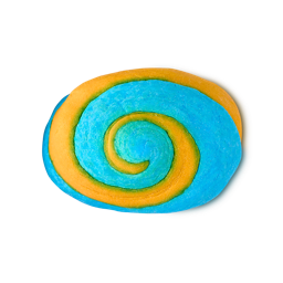 Celebrate. An oval bubble bar with a textured surface, featuring a dynamic spiral pattern of vibrant sky blue and bright orange radiating from the centre.