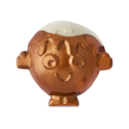 Christmas Pudding. A shimmering bronze-gold Christmas Pudding character-shaped shower jelly with a smiling face, small feet, and white icing-like detail on top