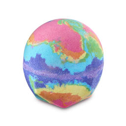 Diversity. A spherical bath bomb with a flat, geometric base. It has a multi-coloured, map-like design featuring vibrant swirls of pink, blue, purple, green, yellow, and orange. 