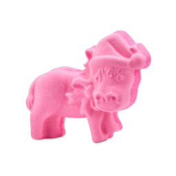 Dominick The Donkey. A donkey-shaped bath bomb. The textured figure is entirely bright candy pink, featuring a sculpted face, a festive Santa hat, and a decorative ribbon embossed around its neck.