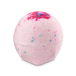 A light-toned hand holds the dry, faceted Equity bath bomb. The geometric product features crisp, color-blocked sections of pastel pink, bright blue, and white.