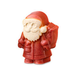 Everyone's On The Nice List. A moulded Santa Claus soap bar, complete with a red suit, hat, and toy sack, featuring a creamy white face and beard