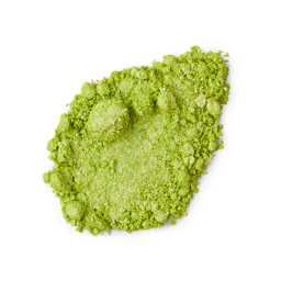 Glow Worm Glitter Crumble. A neatly smudged swatch of crumbly, shimmering, fluorescent-green, metallic eyeshadow. 