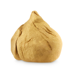 Golden Wonder bubble bar. A bulbous, sack-shaped product with a strong golden, glittery lustre. Its textured surface has prominent folds and a tapered top.