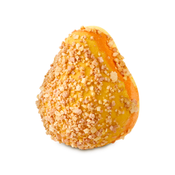 Golden Pear. A pear-shaped bath bomb featuring a body of vibrant yellow with swirls of deep orange, heavily coated with coarse, crystalline chunks.