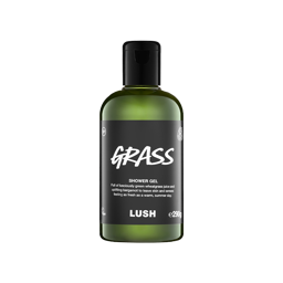 A bottle filled with dark green Lush shower gel, featuring a black label with white text reading "Grass".