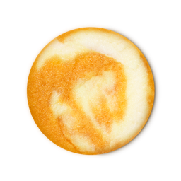 Honey I Washed The Kids body scrub. A perfectly circular swatch of textured body scrub featuring a swirled marble pattern of creamy white and shimmering orange-gold.