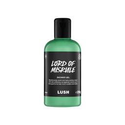 A clear bottle filled with vibrant green Lush Lord of Misrule shower gel, topped with a black cap and featuring a black label