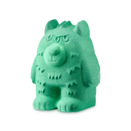 Monster Scare Bear. A bright mint-green bath bomb sculpted into the shape of a chunky bear. It has small pointed ears, textured fur details on its body, and a rounded snout, with three eyes.