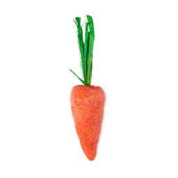 Baby Rainbow Carrot. A bubble bar shaped like a perfect orange carrot complete with green raffia leaves on top. 