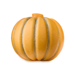 Pumpkin Scrubee. An orange, pumpkin-shaped solid body scrub featuring smooth, rounded vertical ridges and a small stem on top.