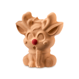 Reindeer. A reindeer-shaped bath bomb. The textured figure is light brown with large sculpted eyes, pointy ears, and antlers. It wears a matching brown scarf and features a distinct, textured bright red nose.
