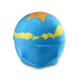 Shoot For The Stars. A spherical bath bomb with a geometric base. It is vibrant blue with a prominent golden-yellow star on top and a horizontal golden-yellow band.