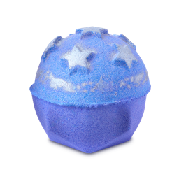 Silent Night. A round, vibrant blue and purple Lush bath bomb decorated with raised, silver-shimmering stars and lustre.