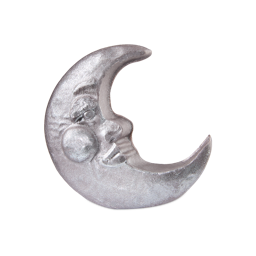 Silvery Moon. A shimmering, silver-grey bar of soap sculpted into the shape of a crescent moon with a sleeping face. The moon features a detailed eye, nose, round cheek, and a gentle smile.