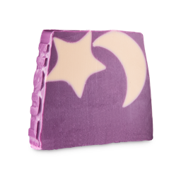 Purple bar of Sleepy soap featuring a cream star and crescent moon. The LUSH logo is embossed along the left side of the bar.