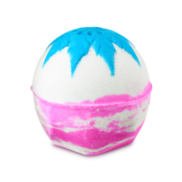 Snow Fairy. A spherical bath bomb with a geometric base. The textured body is primarily white in the centre, topped with a vibrant blue starburst design. The lower half features marbled swirls of bright candy pink and white.