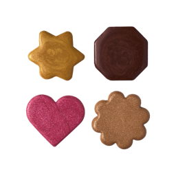 Four solid cream highlighters in distinct shimmer shades and shapes: a gold star, a deep bronze octagon, a pink heart, and a copper flower.