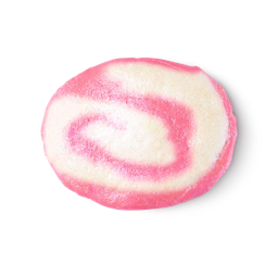 Mini Snow Fairy Roll. An oval bubble bar with a textured surface, featuring a swirled spiral pattern of candy pink and creamy white.