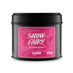 Snow Fairy. A cylindrical, black tin candle with a removable lid. The front label is a marbled pink colour with white text reading "Snow Fairy"