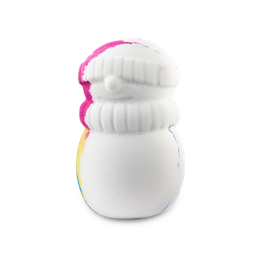 Snowman Dreaming. The image shows a pale white snowman-shaped product with colourful streaks of pink, yellow, blue, and purple on its side. It features a rounded head, an embossed hat, and a scarf.