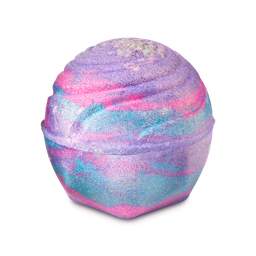 Sugar Plum Fairy. A spherical bath bomb featuring a textured surface with swirled ridges. The colourful body is a mix of lavender purple, bright pink, and light blue glitter, topped with a small cluster of crystals.