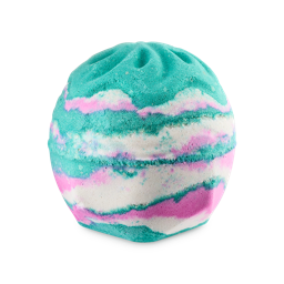 The Girl In The Whirlwind bath bomb. The image shows a spherical bath bomb with a geometric base. It is marbled with vibrant turquoise, pink, and white bands, and has an embossed swirl on top.