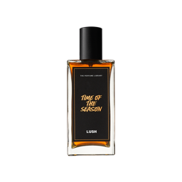 Time Of The Season. A rectangular, glass perfume bottle with a black cap is filled with translucent,deep-amber liquid. A black label reads 'Time Of The Season'.