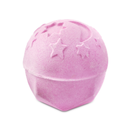 The Twilight Bath Bomb is a soft lavender-pink sphere featuring embossed celestial designs of stars and a crescent moon across its surface. Set against a solid black background, its calming color hints at the relaxing experience it provides.