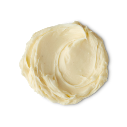 Yummy Custard. A swirled, circular swatch of creamy, ivory-coloured, thick body wash with flecks of black vanilla.