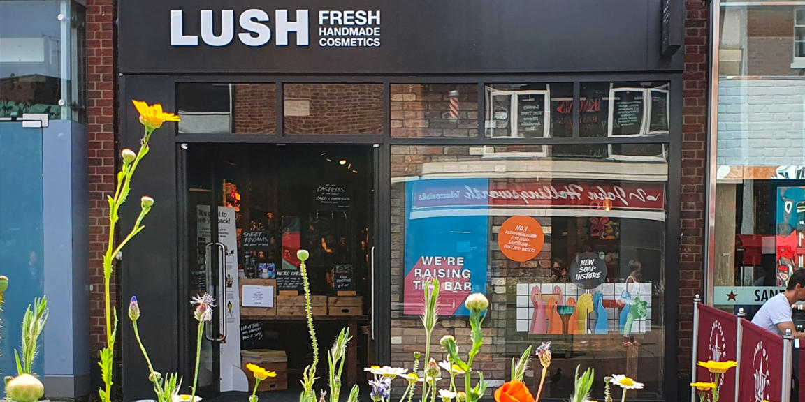 Photo shows and image of the Solihull store front, with wild flowers in bloom in the foreground.