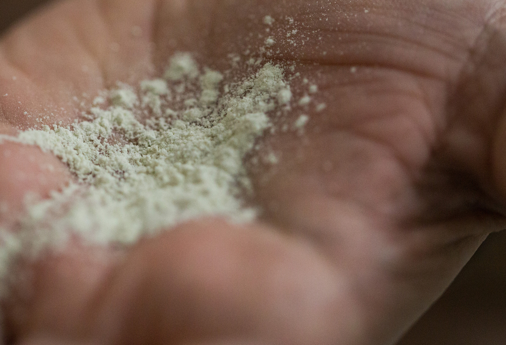 A sprinkling of The Greeench - a creamy, pale green coloured, fine deodorant powder - is held in the palm of a hand.