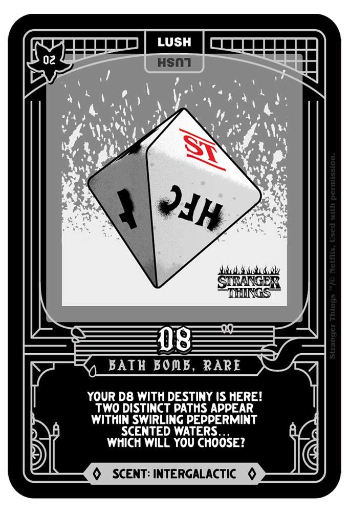 Hellfire Club D8 collectable card. A dark-themed collectable card showing the D8 bath bomb and fun, mysterious text.