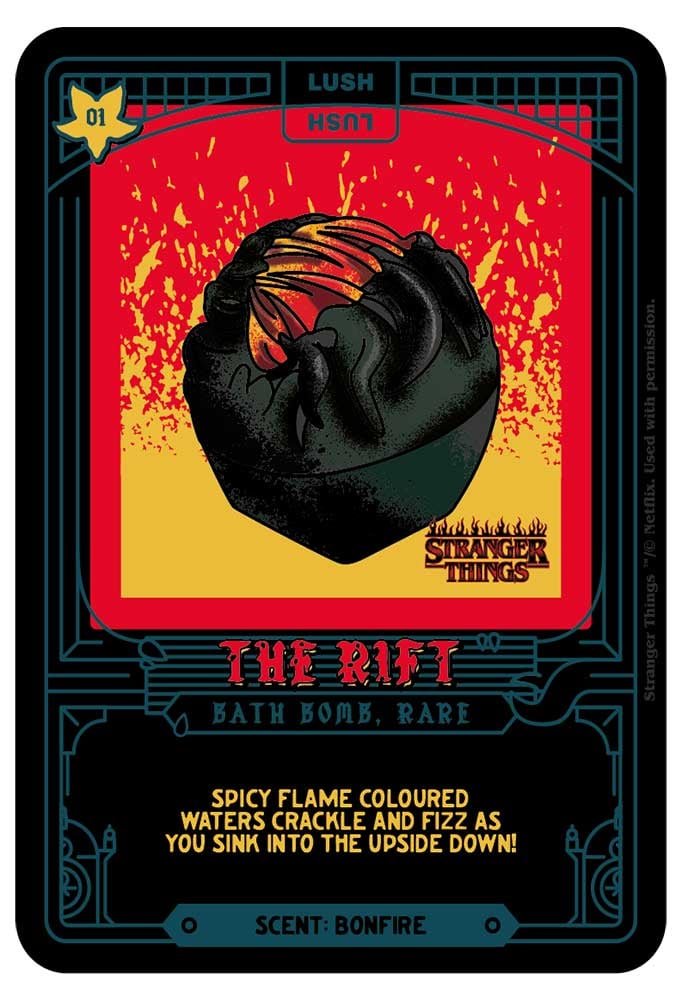 Stranger Things The Rift collectable card.A dark-themed collectable card showing The Rift bath bomb and fun, mysterious text.