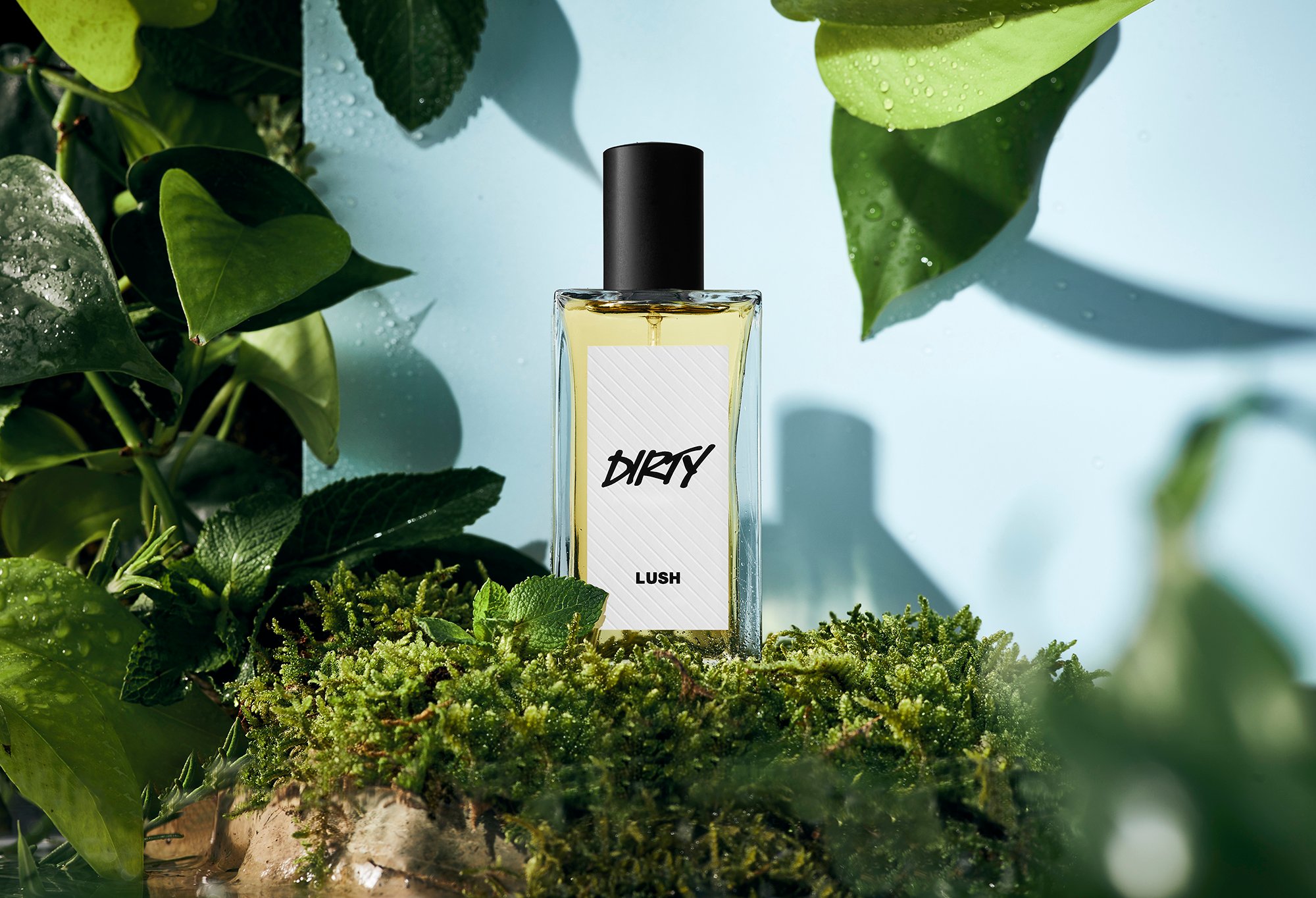 Dirty perfume is placed on green grass. Green leaves with water droplets are draped in the corners on a blue backdrop.