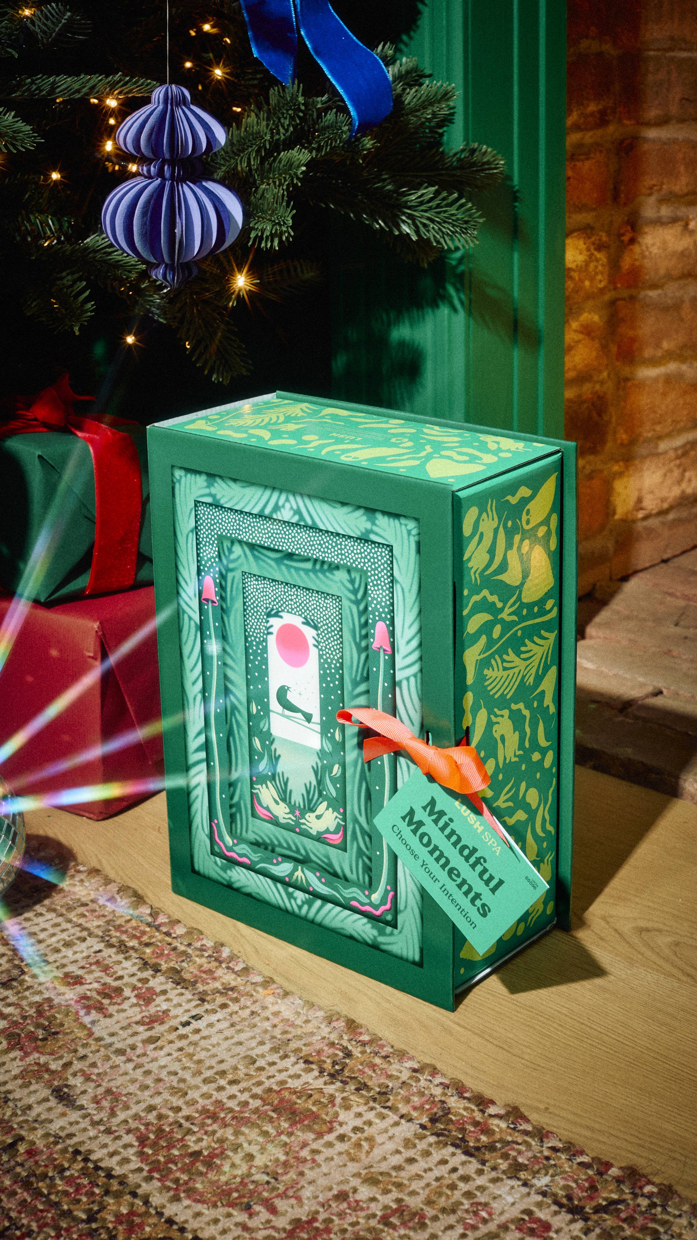 A closed Lush Mindful Moments green gift cabinet with intricate nature illustrations and a turquoise tag tied with a pink ribbon, sitting on a wooden floor near a Christmas tree and wrapped presents.