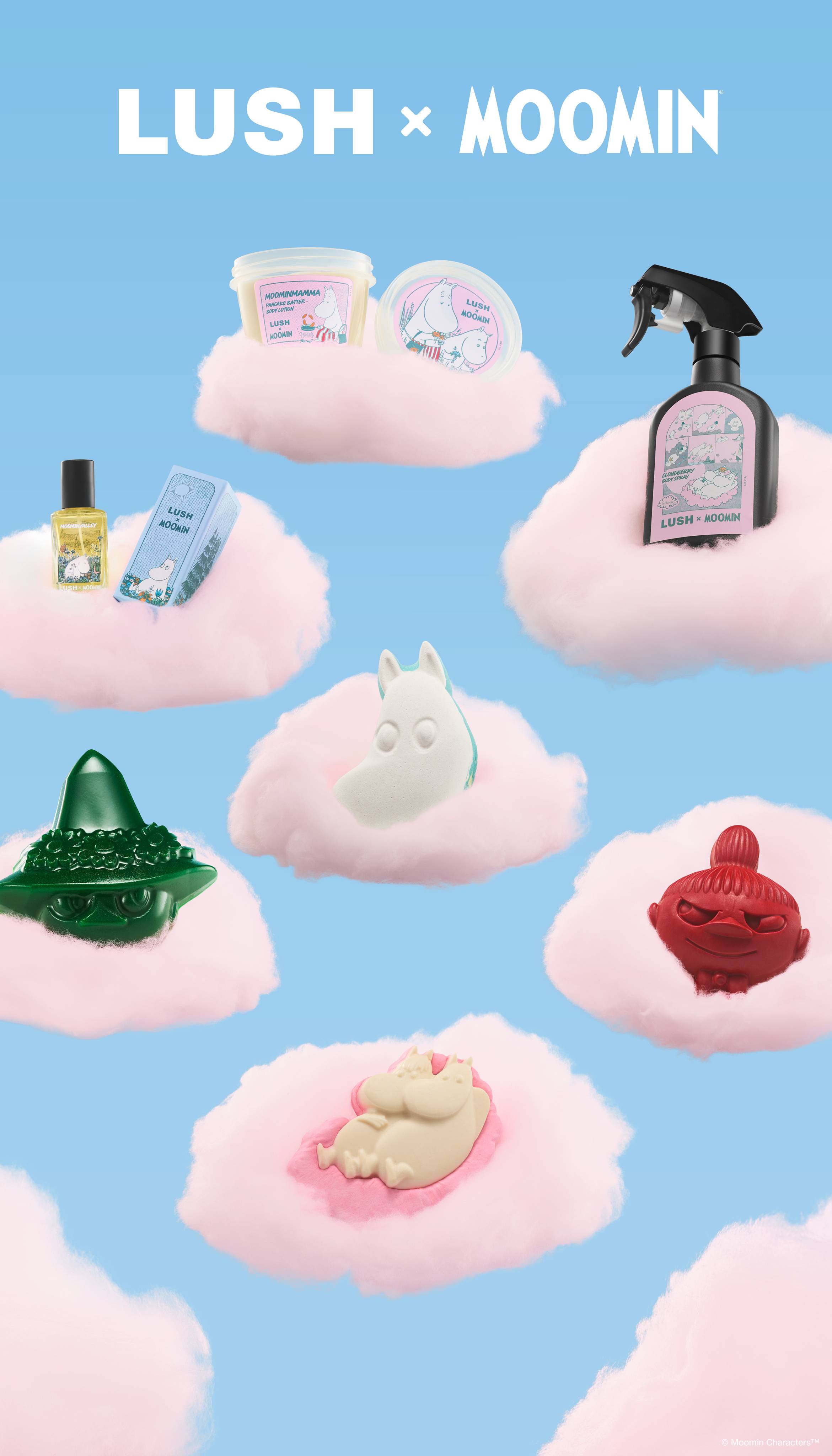 A promotional graphic for the Lush x Moomin collection against a sky-blue background with white text. Various products, including character-shaped bath bombs, soaps, and skincare tubs, are nestled individually inside fluffy pink clouds. 
