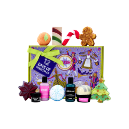 A Lush 12 Days of Christmas gift box decorated with colourful festive illustrations and tied with a green ribbon, surrounded by 12 products, including shower gels, bath bombs, soap, lip scrub, and body scrub