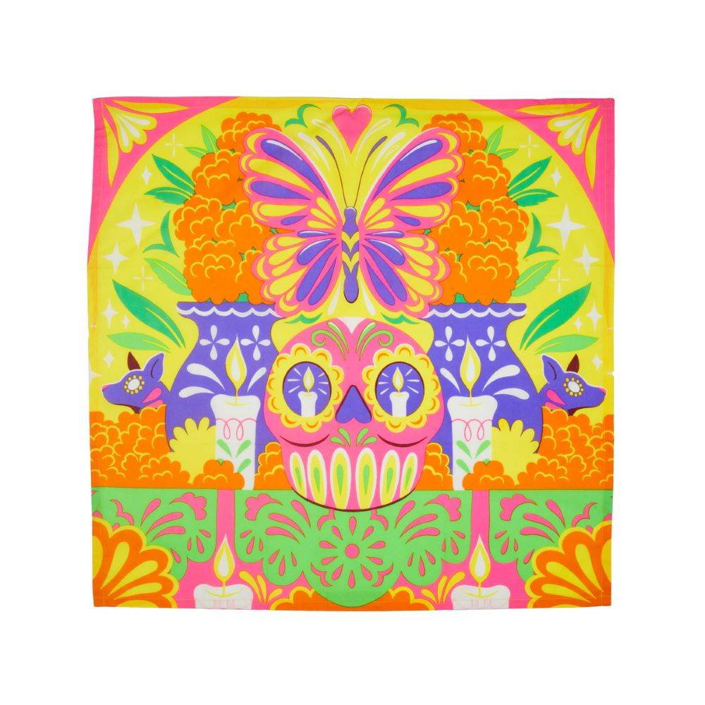 Colourful Souls. A vibrant, graphic square knot wrap with colourful Marigolds, candles, sugar skull and a butterfly. 