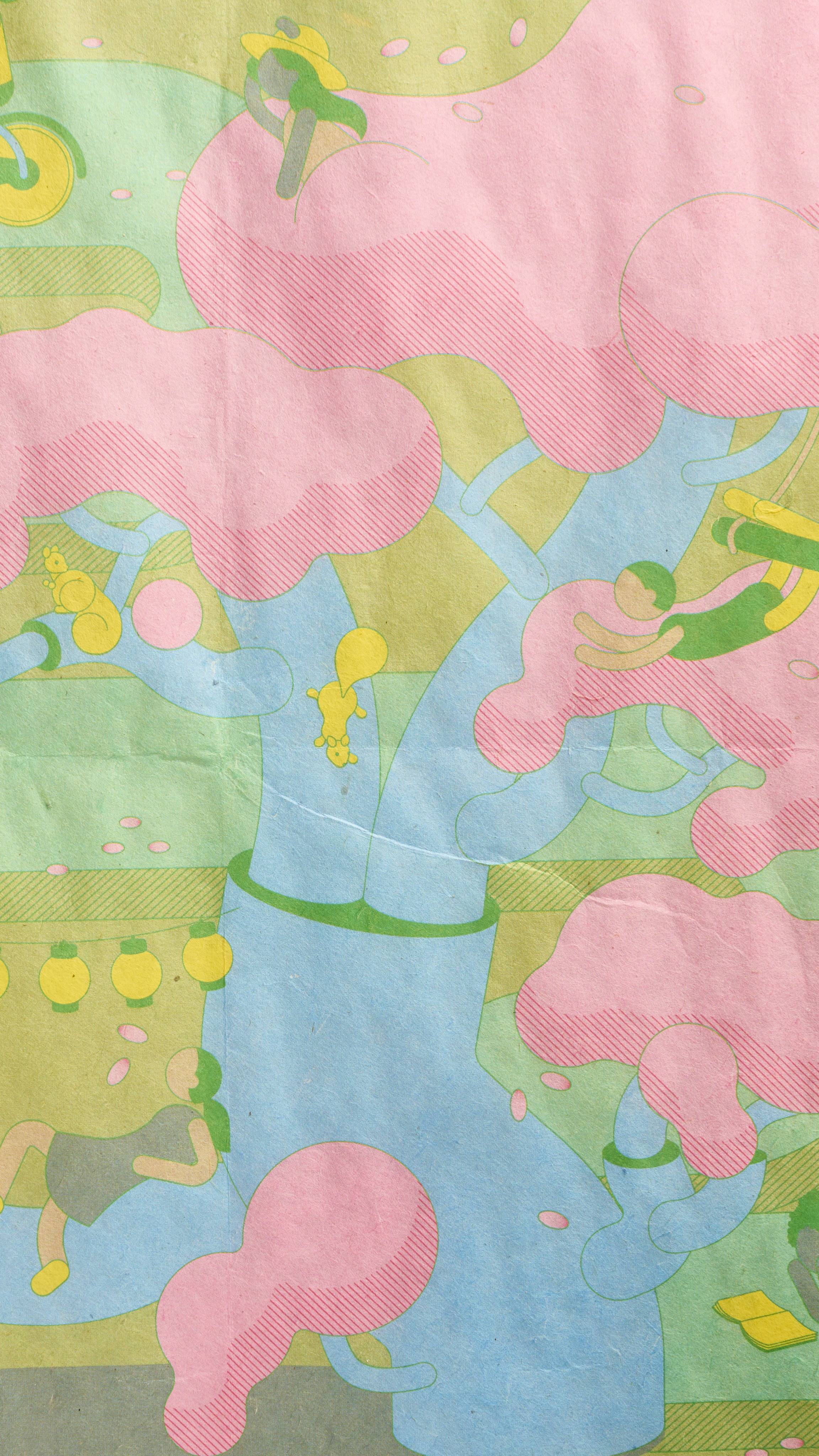 A super close-up image of the "You, Me And The Sakura Tree" reusable Lokta wrapping paper. The image focuses on the vibrant colours and tiny details of the product.