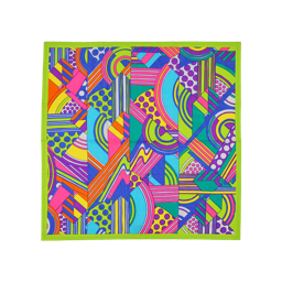 70's Ties. This is a square fabric knot wrap. The border is lime green, while the centre shows a mishmash of patterns such as dots, stripes, and semi-circles in vibrant pink, blue, yellow, green, and purple.